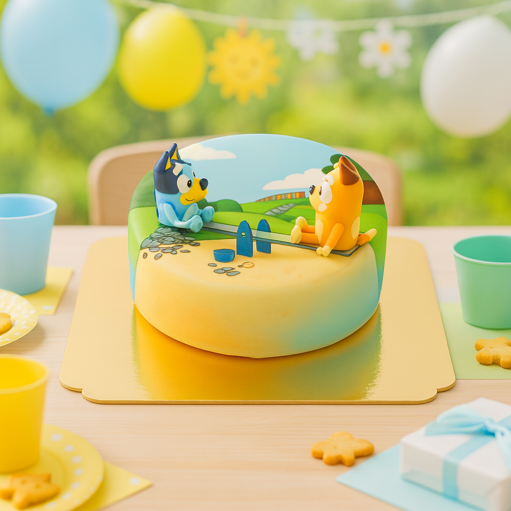 Figurine Bluey® sur son gâteau air de jeu