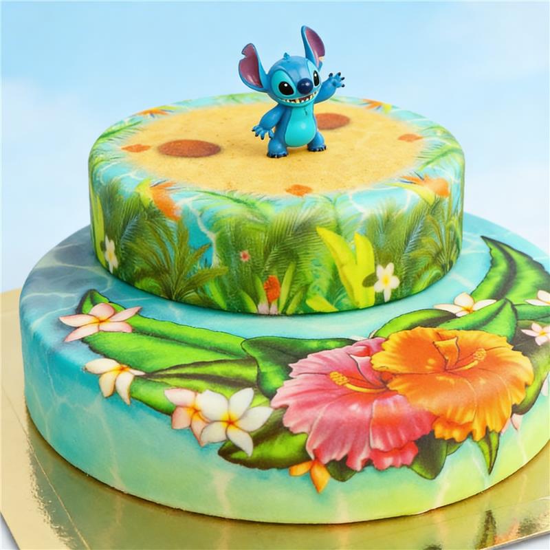 Stitch® sur gâteau plage tropicale à 2 étages