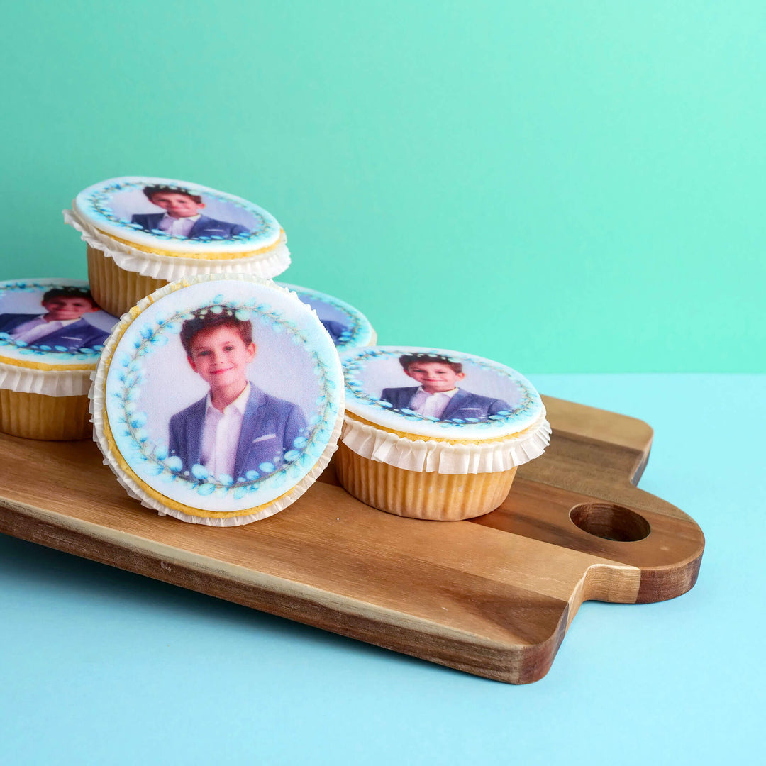 Cupcakes photo bleus à motifs eucalyptus (9 pièces)