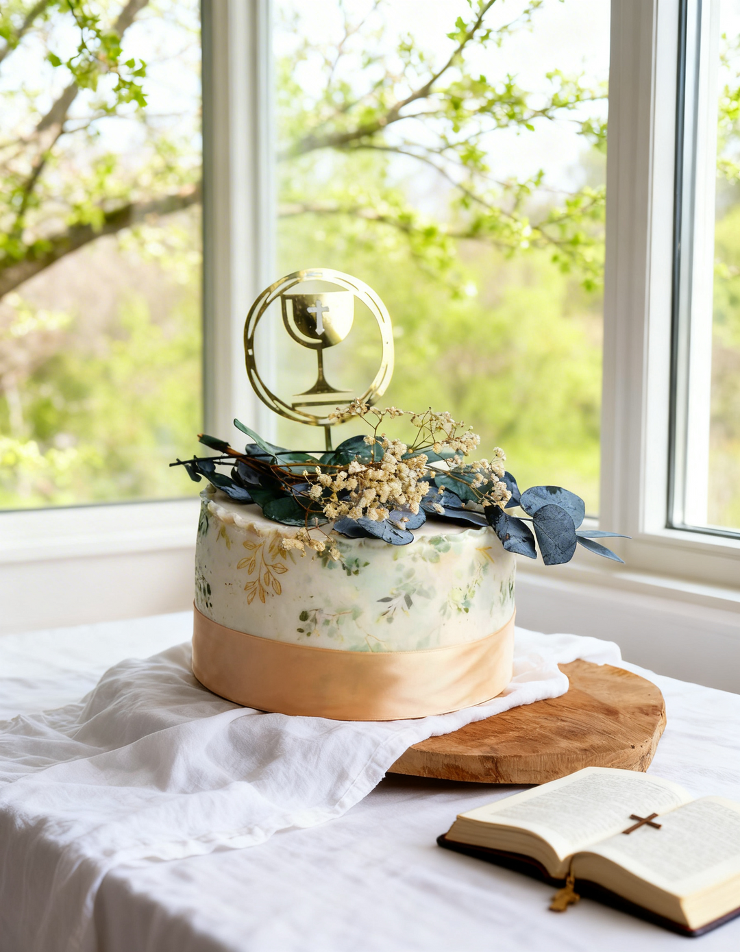 Gâteau Deluxe - motifs eucalyptus avec Cake-Topper de communion