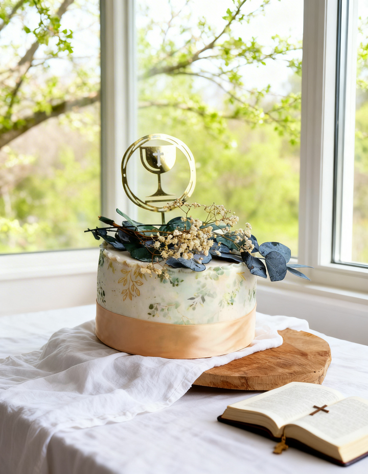 Gâteau Deluxe - motifs eucalyptus avec Cake-Topper de communion