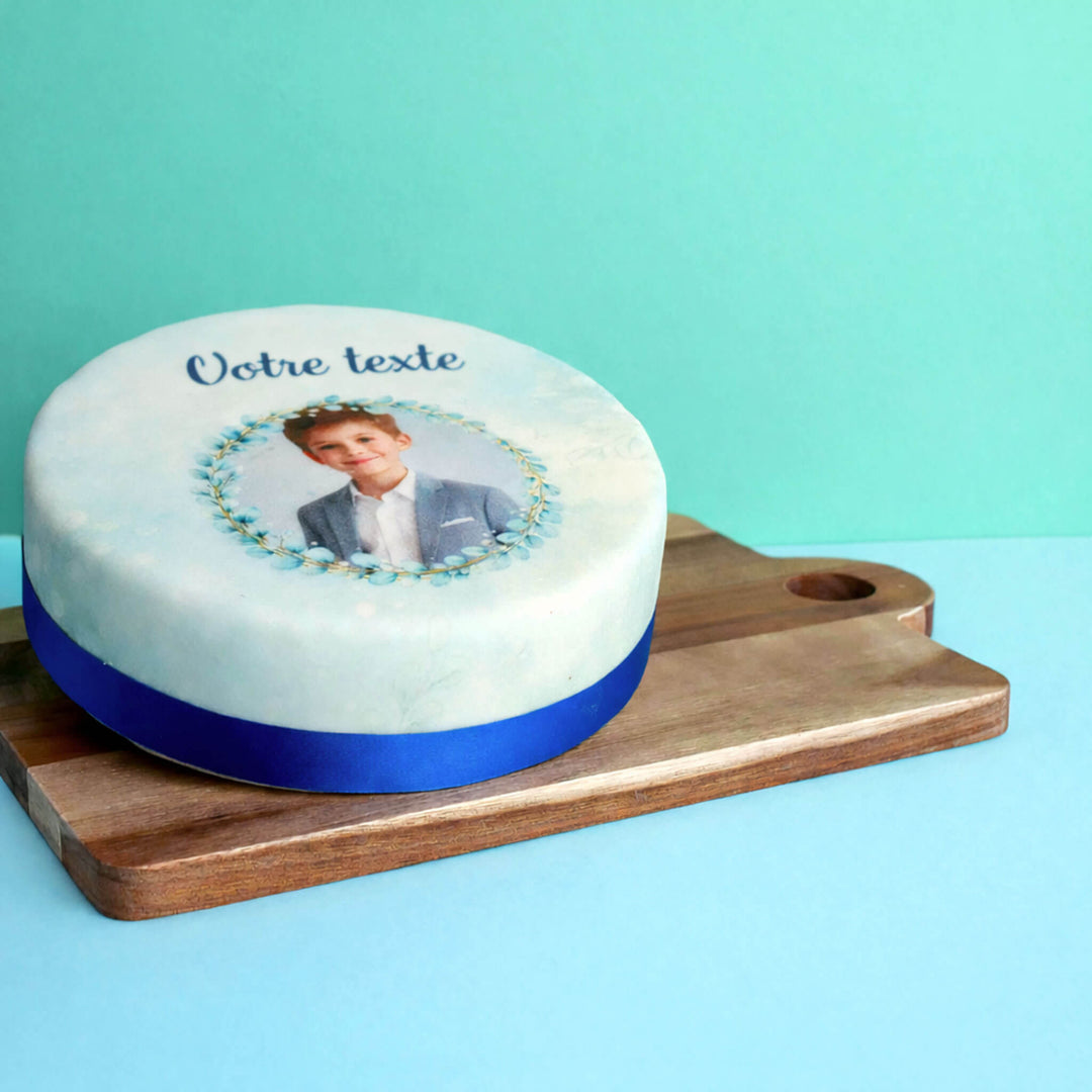 Gâteau photo eucalyptus bleu avec inscription personnalisée