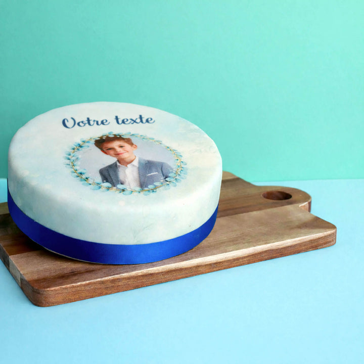 Gâteau photo eucalyptus bleu avec inscription personnalisée