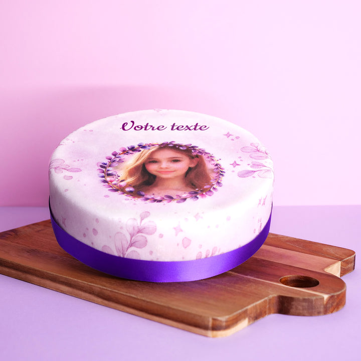 Gâteau photo eucalyptus rose avec inscription personnalisée