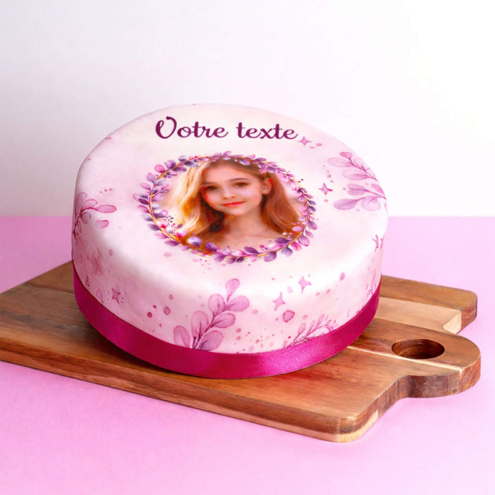 Gâteau photo eucalyptus rose avec inscription personnalisée