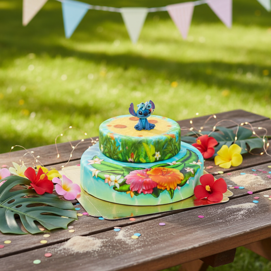 Stitch® sur gâteau plage tropicale à 2 étages