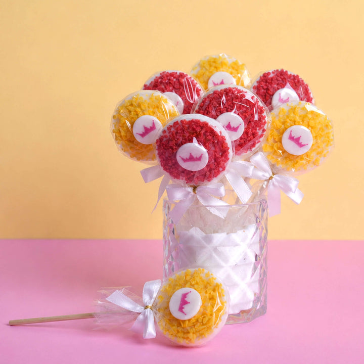 Sucettes blanches aux éclats de fraise et d'orange avec logo (10 pièces)