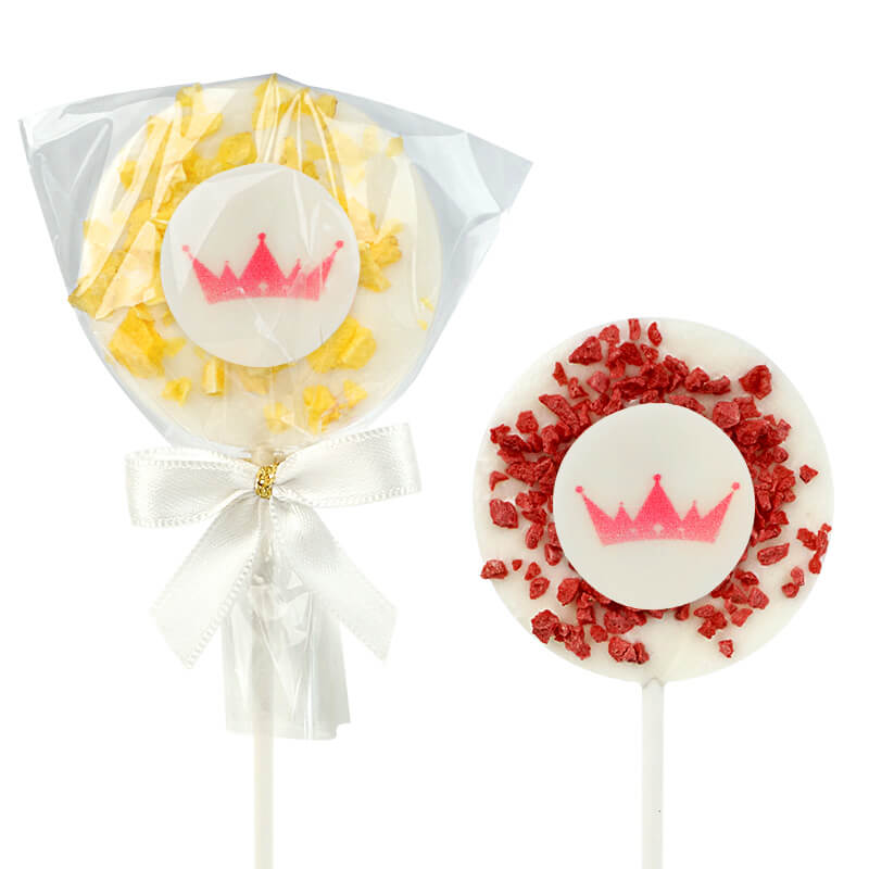 Sucettes blanches aux éclats de fraise et d'orange avec logo (10 pièces)