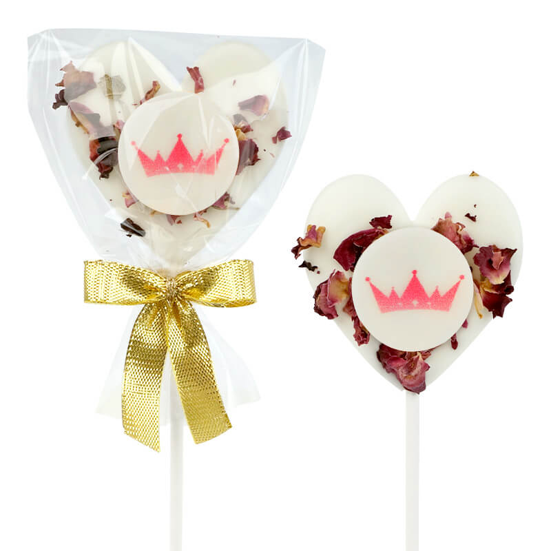 Sucettes blanches en forme de cœur avec pétales de rose et logo (10 pièces)