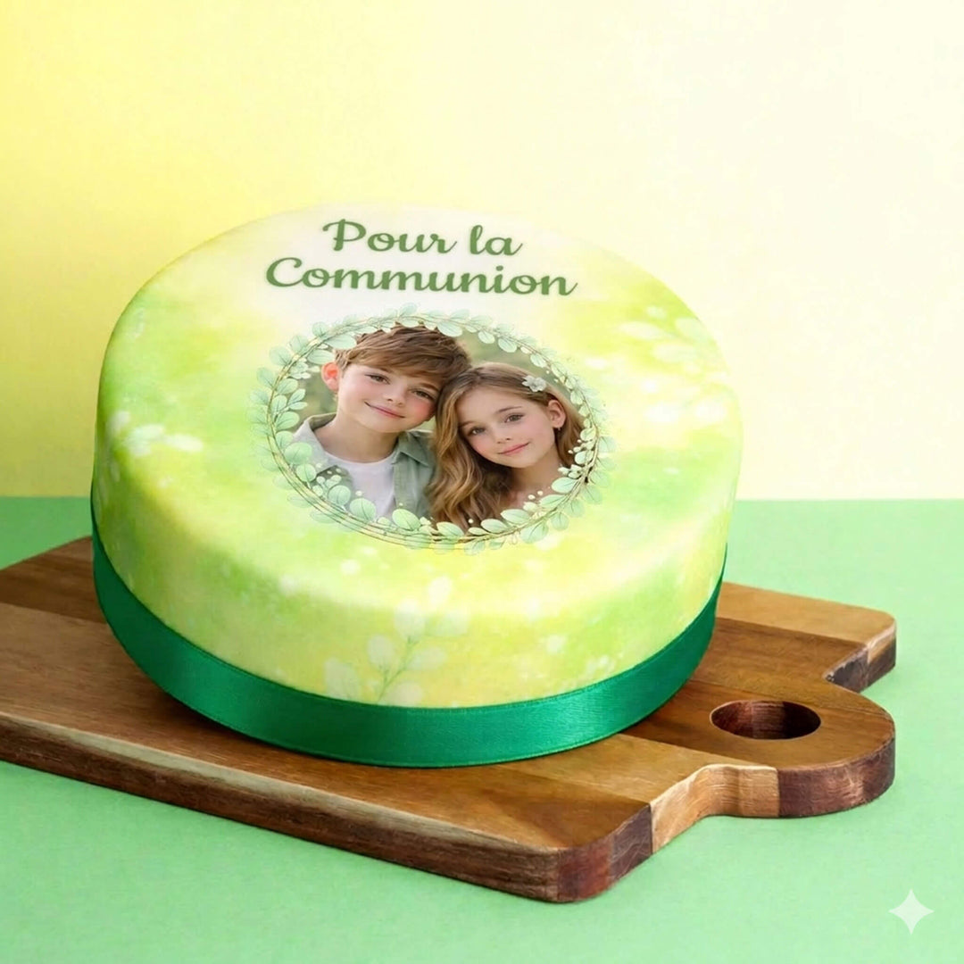 Gâteau photo pour communion eucalyptus