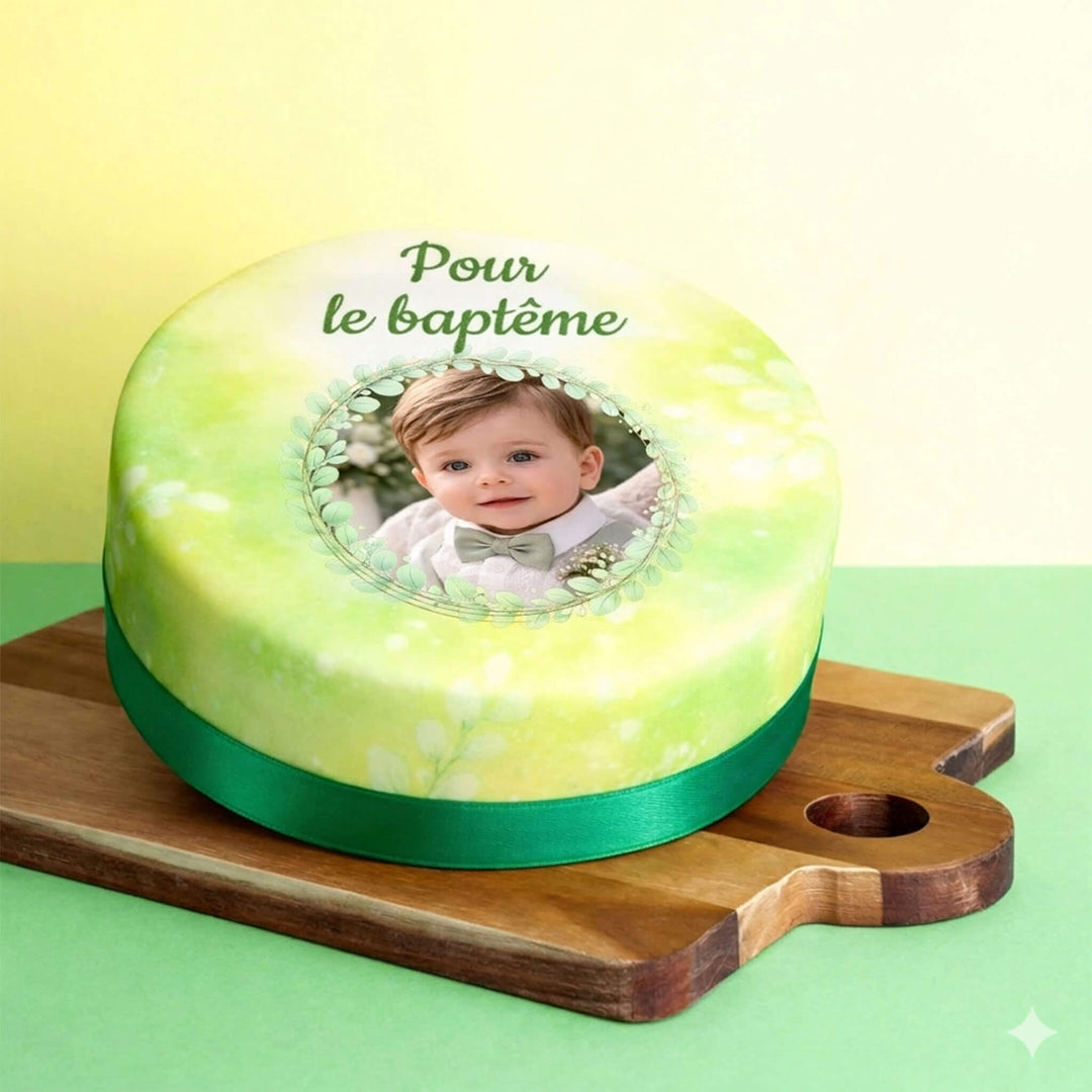 Gâteau photo pour baptême eucalyptus