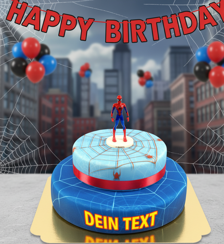 Gâteau Spiderman® et sa toile d'araignée avec ruban