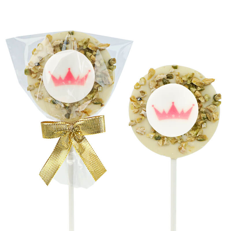 Sucettes au chocolat blanc et pistaches avec logo (10 pièces)