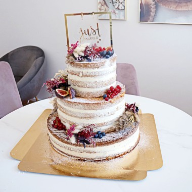 Naked Cake vanille/framboise de mariage bohème 3 étages incluant décoration et cake-topper - pour 65 personnes 