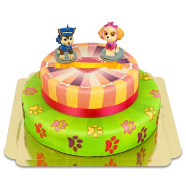 Figurines Pat'Patrouille® sur gâteau 2 étages avec pattes de chien roses