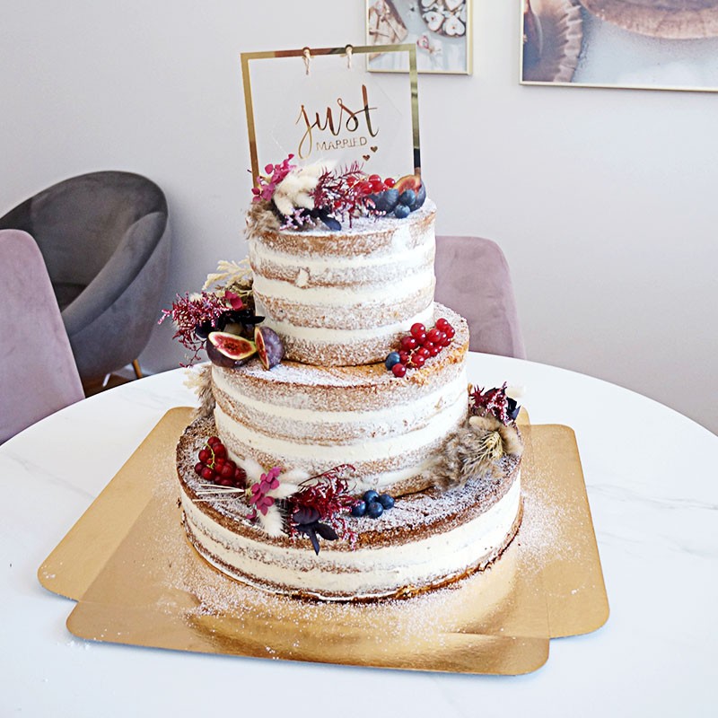 Naked Cake vanille/framboise de mariage bohème 3 étages incluant décoration et cake-topper - pour 65 personnes !