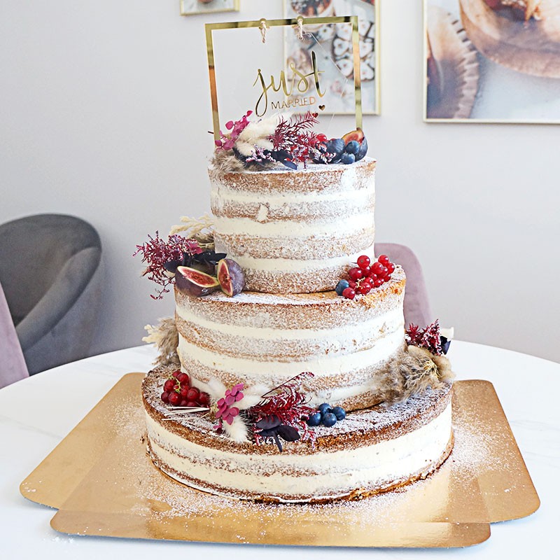 Naked Cake vanille/framboise de mariage bohème 3 étages incluant décoration et cake-topper - pour 65 personnes !